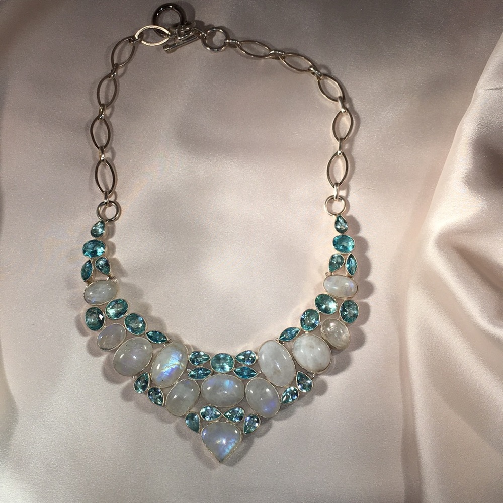Sterling, blue topaz & rainbow moonstone necklace.